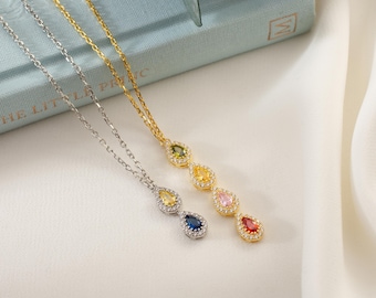 Vertical Teardrop Birthstone Necklace, Personalized Family Jewelry, gold Dangle Pendant for Mom, children Keepsake Gift