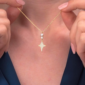 Pearl North Star Necklace, 925 Sterling Silver, Celestial Jewelry