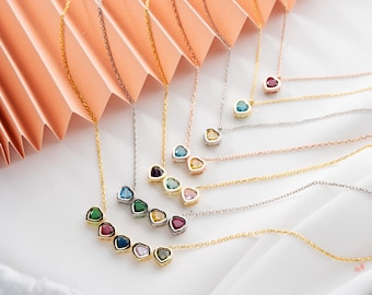 Connected Hearts Birthstone Necklace, Custom single Or Multi, Personalized Love Jewelry, Family Gift For Mom