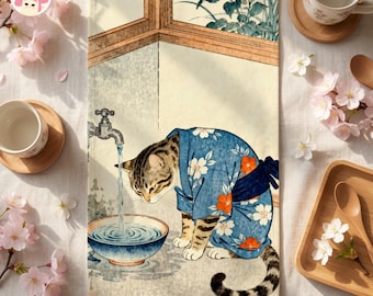 Japanese Cat Kimono Hand Towel, Traditional Style Kitchen Towel, Cotton Blend 28x16"