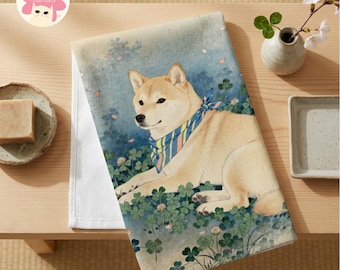 Shiba Inu Art Hand Towel, Spring home decor , Japanese Clover Garden Style Kitchen Towel