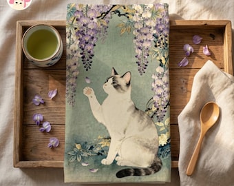Neko Cat Wisteria Hand Towel | Traditional Japanese Style Mother's Day Gift 28x16"