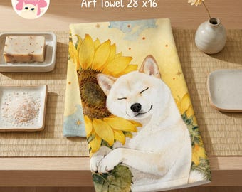 Sunflower Shiba Art Hand Towel, Japanese Inspired Spring home Decor