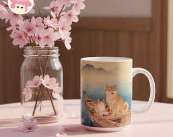 Japanese Shiba and Cat Ceramic Mug Gift, Peaceful Boat Scene Art
