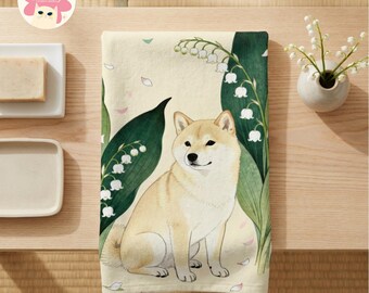 Shiba Inu Hand Towel Japanese Art Kitchen Towel Floral Bathroom Decor