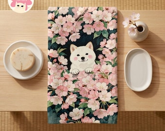 Sakura Shiba Art Hand Towel, Pink Cherry Blossom Kitchen Bathroom, Spring home Decor