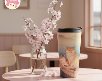 Japanese Cat and Shiba Travel Mug, Stainless Steel Peaceful Pet Art Tumbler