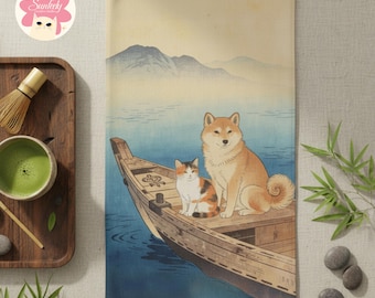 Japanese Cat and Shiba Hand Towel, Peaceful Boat Pet Art Kitchen Gift