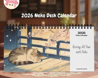 2026 Neko Desk Calendar Japanese Sleeping Cat Office Decor Cat Lover Spiral 10x5"