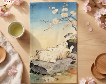 Japanese Sleeping Cat Hand Towel | Neko Kitchen Bathroom Decor | Cozy Cat Lover Gift (16x28")