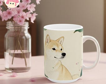 Shiba Inu Japanese Art Mug, Spring Floral Ceramic Coffee Cup, 11oz 15oz