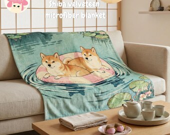 Shiba Inu Pond Blanket, Spring home decor, Japanese Garden Lotus Plush Blanket