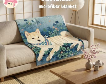 Shiba Inu Blanket, Japanese Style Clover Garden Throw, Cozy Soft Plush, Spring home Decor