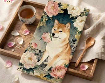 Shiba Inu Peony Hand Towel Traditional Japanese Style Mother's Day Dog Mom Gift 16x28
