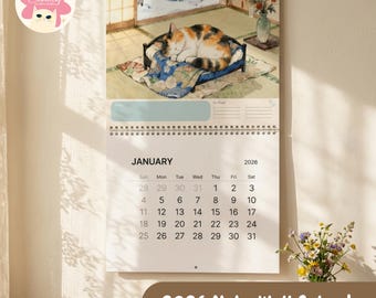 Calendario de pared Neko 2026, regalo / Decoración japonesa para el hogar con diseño de gato durmiendo, 28 x 21 cm, mate