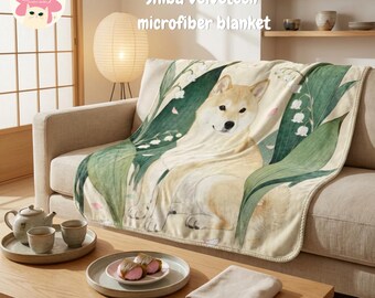 Japanese Shiba Inu Velveteen Blanket, Spring home decor ,Floral Throw Gift
