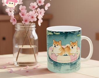 Shiba Inu Pond Mug, Japanese Garden Coffee Cup, Spring home Decor