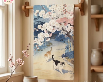 Japanese Sakura Cherry Blossom Cat Hand Towel 16x28 Kitchen Bathroom Art Decor Mom Gift