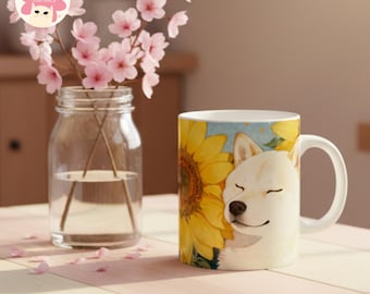 Sunflower Shiba Mug, Spring home Decor, Yellow Floral Japanese Inspired Tea Mug