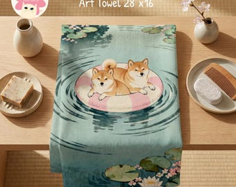 Shiba Inu Pond Art Hand Towel, Japanese Garden Spring home Decor