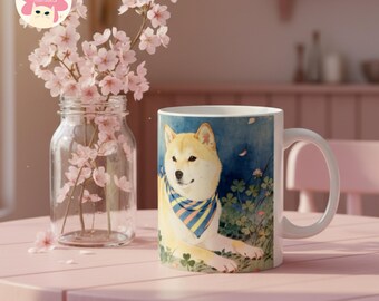 Japanese Shiba Inu Mug, Spring Clover Garden, Zen Coffee Tea Cup