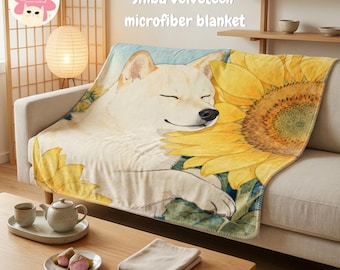 Sunflower Shiba Blanket, Spring home Decor, Yellow Floral Japanese Inspired Plush