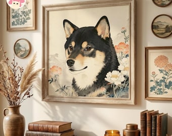 Black Shiba Inu Japanese Art Print Archival Matte Dog Floral Wall Poster Decor Gift