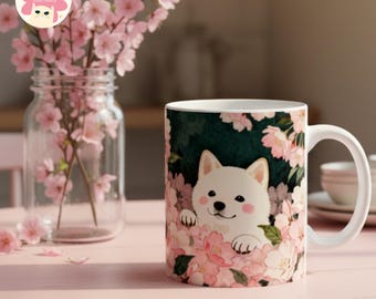 Sakura Dog Mug, Pink Cherry Blossom Spring home Decor, Japanese Floral Tea Mug