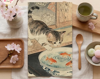 Japanese Style Cat Goldfish Hand Towel | Vintage Art Kitchen Bathroom Decor
