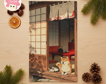Shiba Inu Cat Hand Towel | Japanese Tea House Art | Zen Kitchen Bath Gift