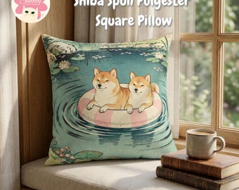 Shiba Inu Pond Throw Pillow, Japanese Garden Cushion, Spring home Decor