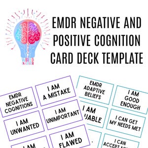 Puede incluir: Una plantilla de baraja de cartas imprimible para terapia EMDR. Las cartas presentan cogniciones positivas y negativas. Las cartas son moradas, verde azulado y verdes. El texto en las cartas incluye frases como "Soy un error", "Soy lo suficientemente bueno", y "Soy digno de amor y cuidado".