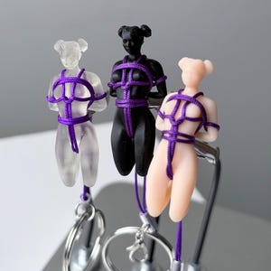 Shibari Girl Keychain, Rope Art Figurine Keyring, Adult Art Mini Sculpture, Handmade Gift Purple