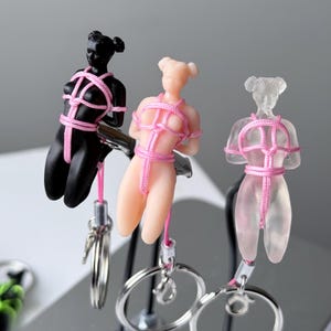 Shibari Girl Keychain, Rope Art Figurine Keyring, Adult Art Mini Sculpture, Handmade Gift Pink