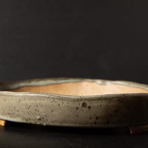 May include: An oval-shaped, ceramic bonsai pot with a speckled, muted green exterior and a light brown interior. The pot has a low profile and rests on three small, rectangular feet. The background is a dark, solid color.