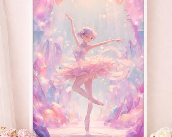 Pastel Ballet Dancer Art Print, Dreamy Fantasy Ballerina Wall Art, Kawaii Crystal Illustration, Girls Room Nursery Decor