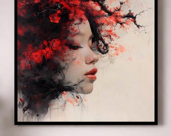 Dark Floral Woman Wall Art, Red Blossom Portrait, Surreal Gothic Art Print, Moody Fantasy Face Illustration