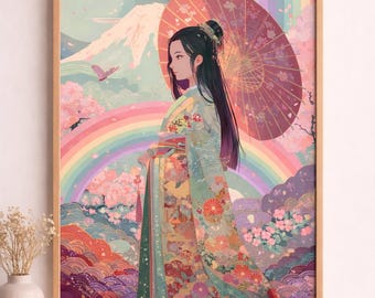 Impresión de arte mural de kimono japonés pastel, ilustración de chica Sakura arcoíris kawaii, decoración infantil de anime caprichosa