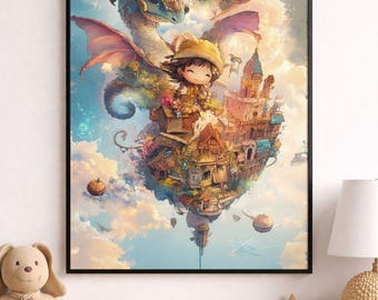 Grillige draak Fantasy Art Print, drijvend eiland verhalenboekillustratie, schattige fantasiekunst aan de muur, dromerige kinderkamerdecoratie
