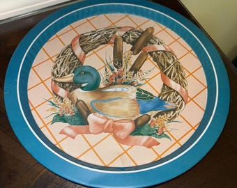 Vintage Metal Serving Tray Round 13” With Duck Design Retro Cottage