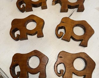 Vintage Hand Carved Wooden Elephant Napkin Holders Philippines Set Of 6 1970's