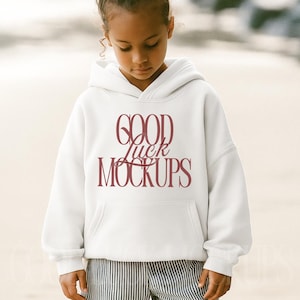 Gildan 18500B White Mockup | White Kids Hoodie Mock-up | Gildan 18000B Youth Hoodie Mock Up Lifestyle Aesthetic Young Girl Beach Mock