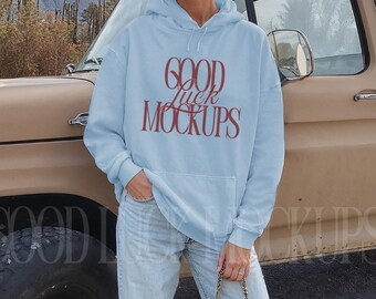 Light Blue Hoodie Outdoor Nature Mockup, Gildan 18500 Light Blue Lifestyle Mock Up, G185 Roadtrip Mock Mountains, Oversize Hoodie Streetwear