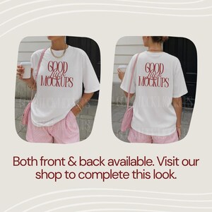 May include: White t-shirt with the text "Good Luck Mockups" in red, paired with pink and white striped shorts. The image shows both the front and back of the shirt.