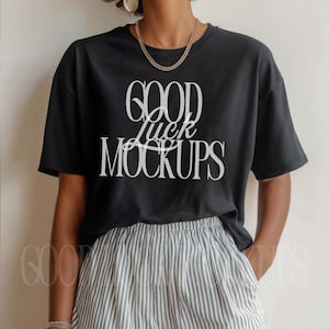 Black Gildan 64000 Black Model Mockup, G640 Soft Style Tshirt Mock Up Black Woman, Black Shirt Mock-up, Oversized Gildan 64000 Diverse Mock