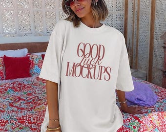 White Tshirt Beach Mockup, Front of Comfort Colors 1717 White Shirt, Oversized C1717 Tee Trendy Mock, White CC1717 Bachelorette Bridal Mock