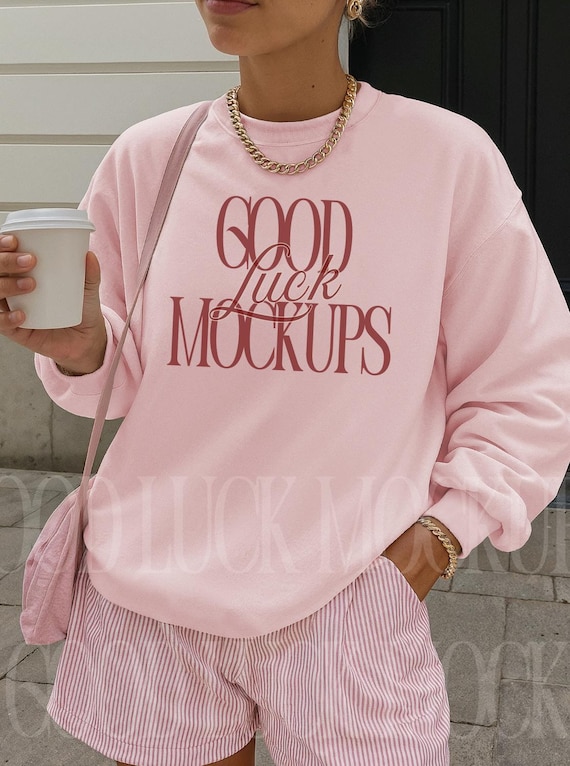 Gildan 18000 Light Pink Lifestyle Mockup, Light Pink Sweatshirt Streetwear Mock, Pink Crewneck Outdoor Mocks for Pinterest Trendy Aesthetic
