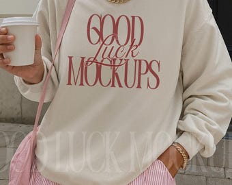 Gildan Sand Sweatshirt Trendy Mockup, Gildan 18000 Sand Outdoor Lifestyle Mock-up, Sand Crewneck Aesthetic Mock, Oversized Streetwear Mock