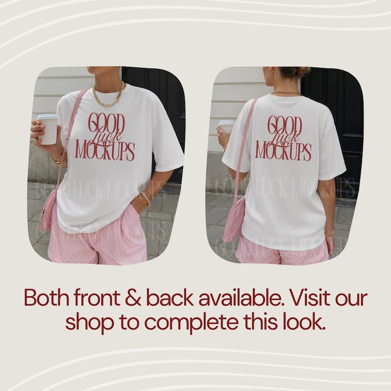 May include: A white t-shirt with the text "GOOD MOCKUPS" in red on the front and back. The model is wearing pink and white striped shorts and a pink shoulder bag. The image shows the front and back of the shirt.
