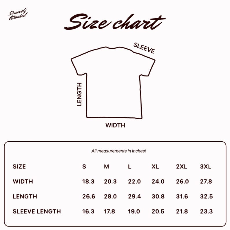 May include: A size chart for a t-shirt, with measurements in inches. The chart includes width, length, and sleeve length for sizes S through 3XL. The text "Size chart" is written in a cursive font.
